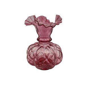 FENTON Cranberry Melon Vase Art Glass Optic Coin Dot Vase Ruffled Edge 8" Tall